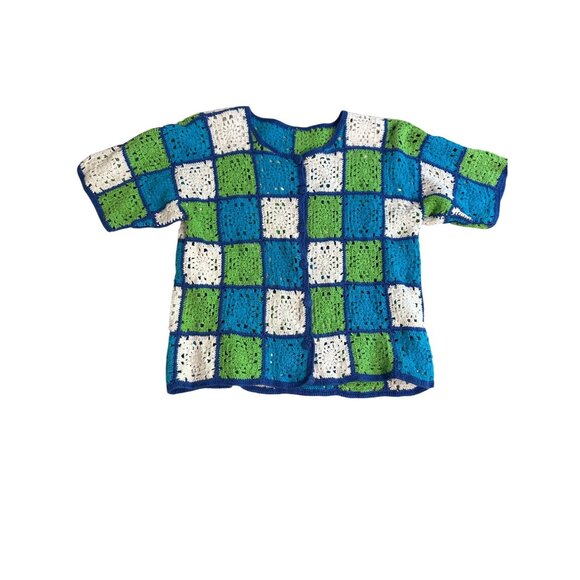 Handmade Crochet Medium Short-Sleeve Patchwork Cardigan Sweater In Blue Green & - Picture 1 of 8